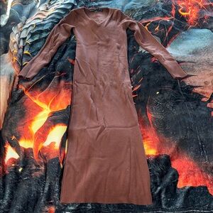 Ribbed Brown V-neck Dress